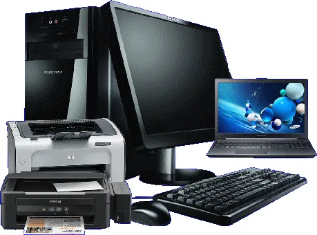 Desktop computer with monitor, laptop, keyboard, printer, and scanner setup